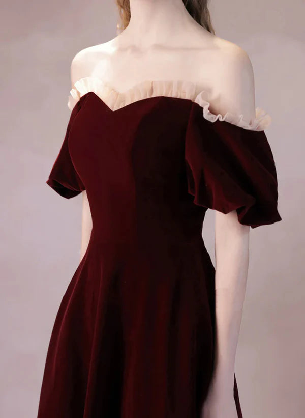 Wine Red Velvet Long A-line Off Shoulder Prom Dress